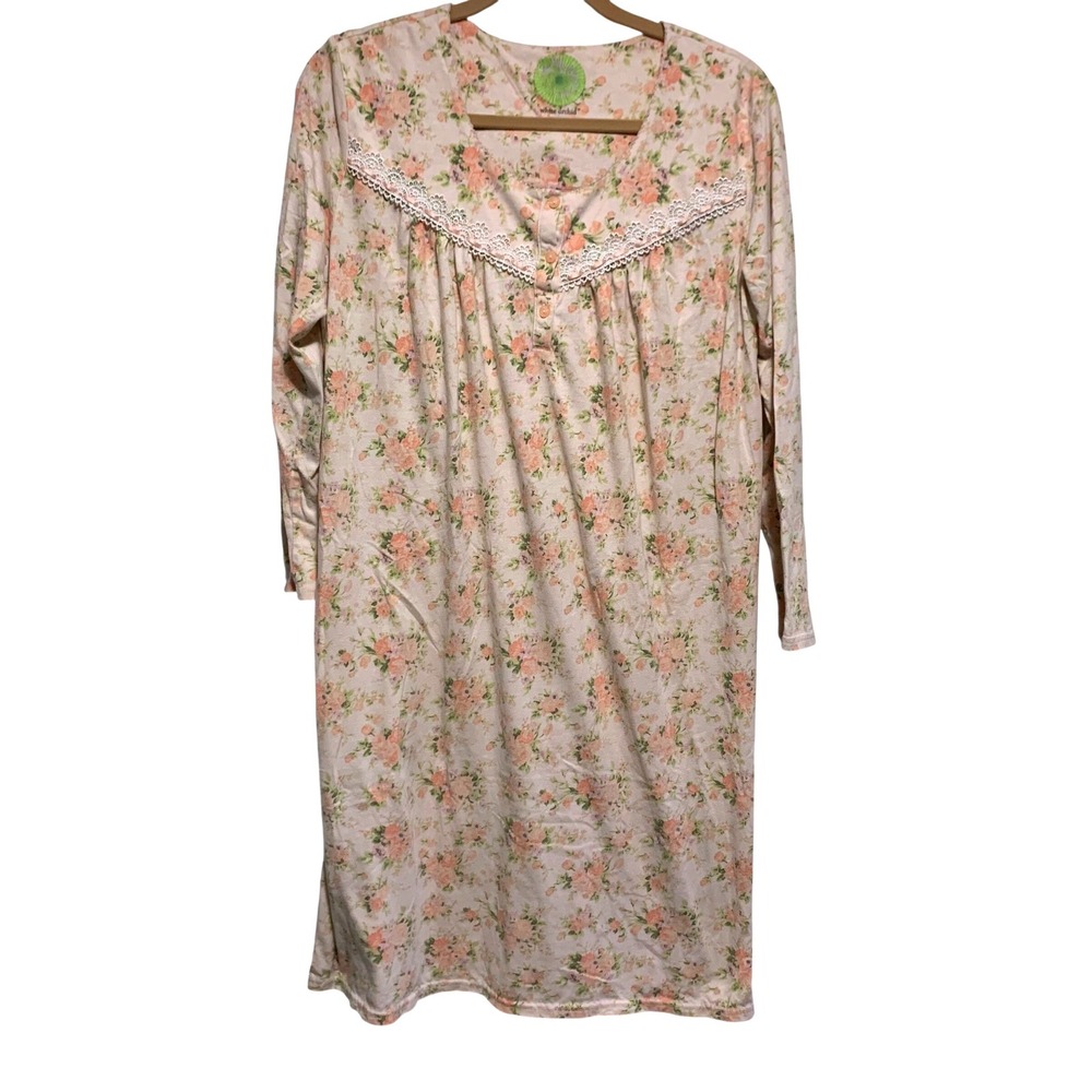 White Orchid Floral Nightgown Petite Large Lace Trim Long Sleeve Pink Peach
